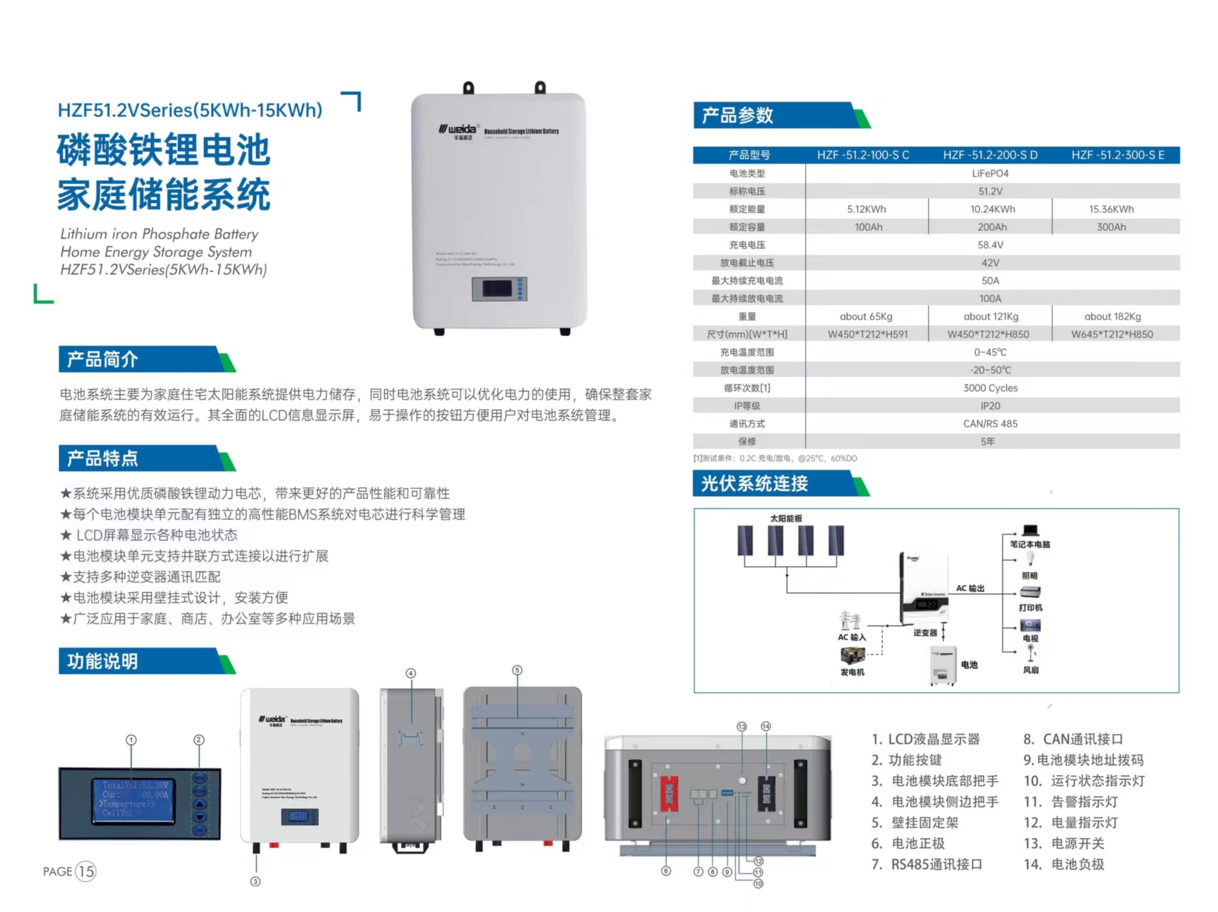 HZF51.2Veries(5KWh-15KWh)磷酸铁锂电池家庭储能系统