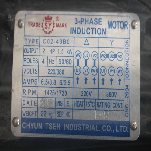 了解台湾S.Y群策C10-43B0四级电机10HP-4P7.51450